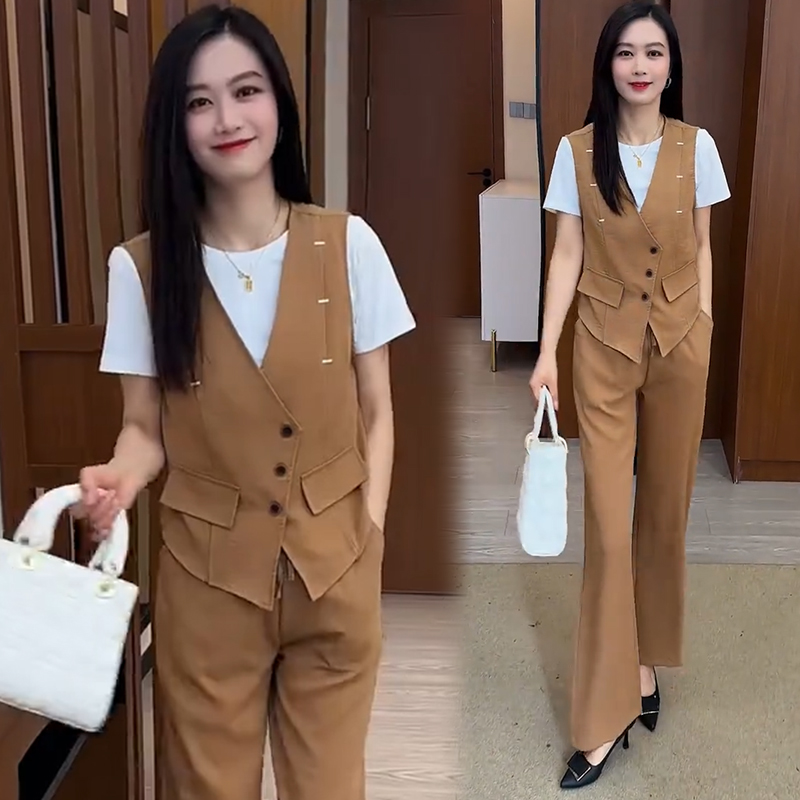 时尚套装女2025春夏新款气质西装马甲短袖上衣阔腿裤休闲三件套潮