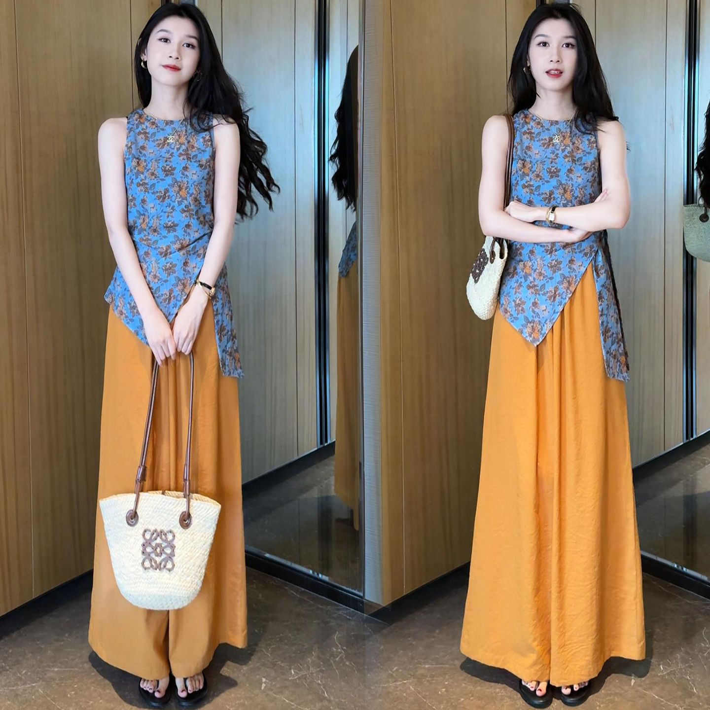 时尚套装女2025夏季新款蓝色碎花设计感系带无袖上衣阔腿裤套装潮