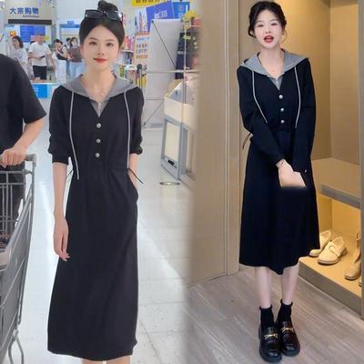 假两件连衣裙女2025春秋新款洋气显瘦收腰中长款休闲拼接连帽裙子