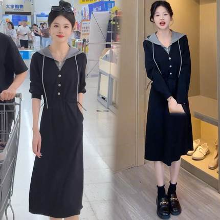 假两件连衣裙女2025春秋新款洋气显瘦收腰中长款休闲拼接连帽裙子