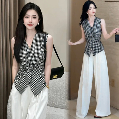 复古黑白格子扭结背心衬衫女夏季收腰显瘦设计感法式无袖V领上衣