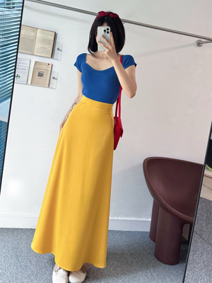 白雪公主套装 蓝色方领针织短袖上衣女气质黄色高腰半身裙两件套