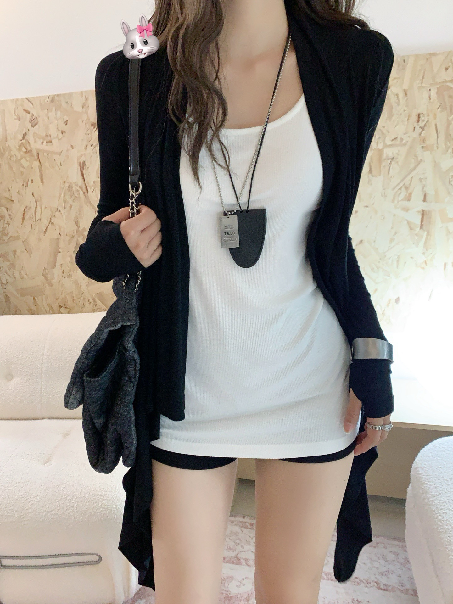 黑色显瘦中长款披肩防晒长袖外套女基础百搭辣妹叠穿万能背心套装