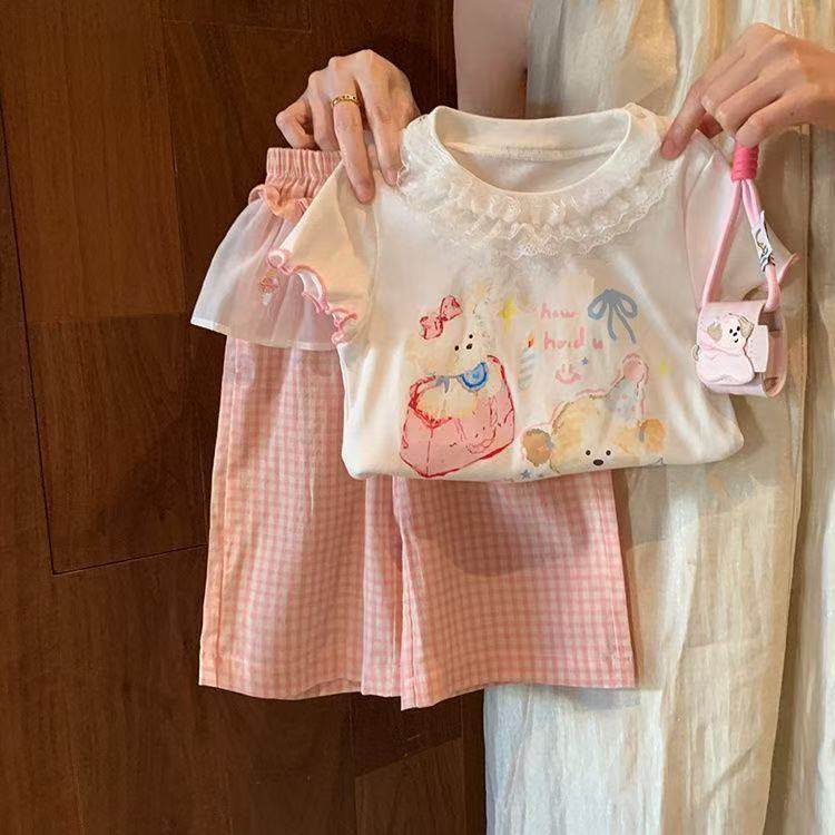 女童洋气甜美套装2025夏季新款女宝薄款女孩洋气短袖阔腿裤两件套