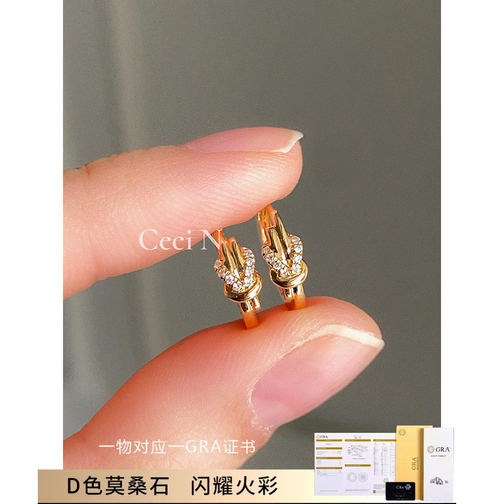 中国结s925银镀18K金打结锆石耳扣耳钉耳环蝴蝶结领结轻奢耳饰