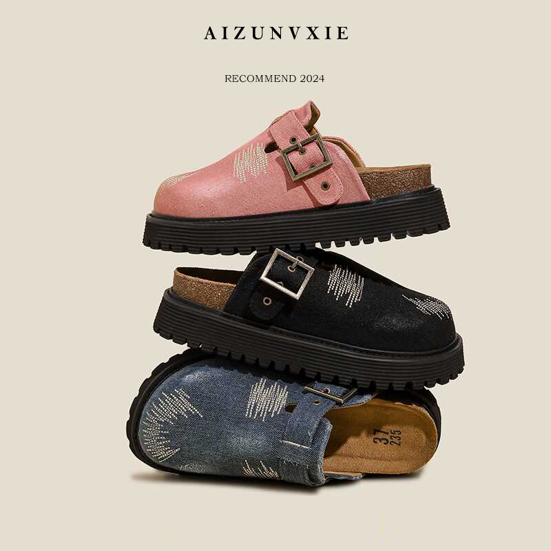 包头拖鞋2025新款夏季平底懒人一脚蹬半拖鞋女厚底增高凉拖勃肯鞋