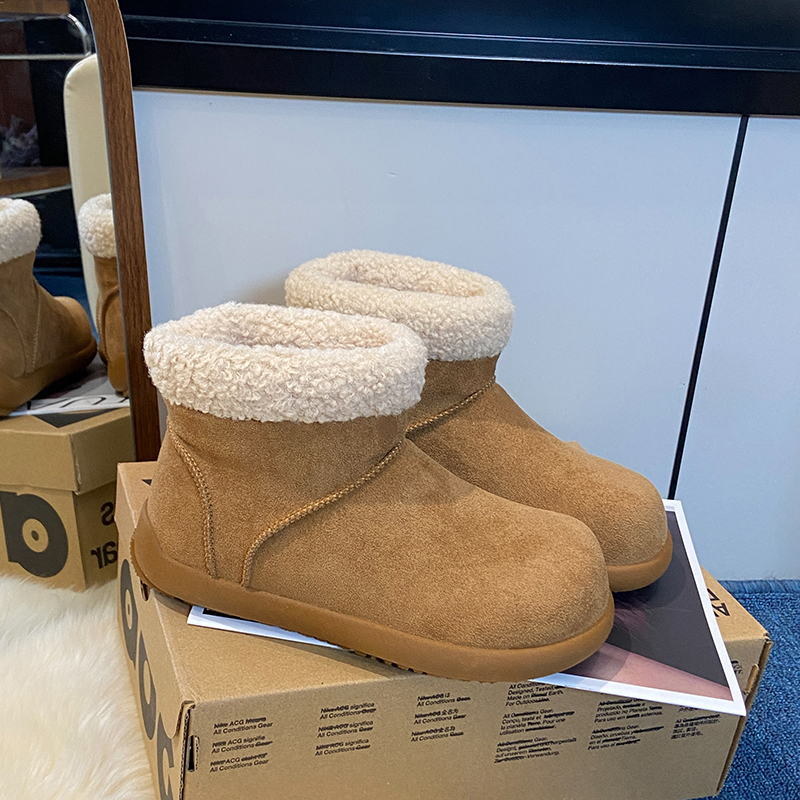 复古圆头丑萌短靴女2025冬季加绒低帮雪地靴保暖大棉鞋厚底毛毛靴