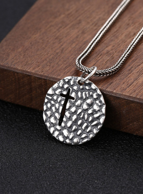 s925纯银饰品复古泰银韩版个性圆饼十字架时尚男女潮流项链吊坠