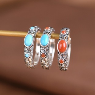 苏念S925纯银戒指文艺时尚水波纹镶南红银饰女款指环开口轻奢饰品