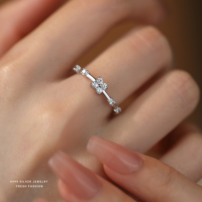 s999纯银四叶草锆石戒指女小众轻奢开口戒高级感百搭足银食指戒