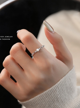 s925纯银贝珠戒指女镂空百搭食指戒可调节锆石法式轻奢指环ins风