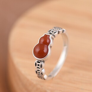 苏念 S925银戒指 简约时尚古钱币南红葫芦可调节女戒饰品银指环