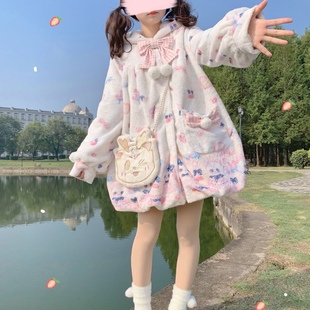 可爱少女Lolita兔绒大衣印花保暖加绒外套 萌熊甜心 新品 原创