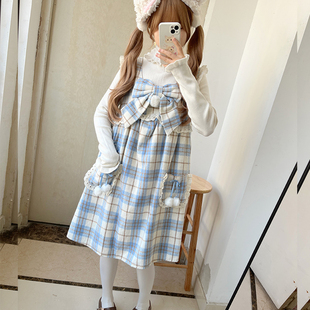 原创银装素裹  秋冬少女格纹刺绣毛呢背带裙