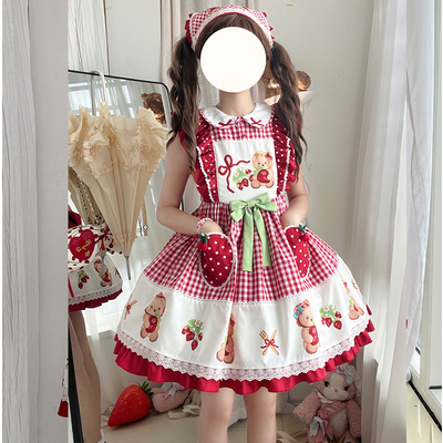 原创  草莓熊  少女可爱甜美小飞袖格纹连衣裙Lolita裙子