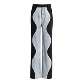 EAM 女设计感小众 黑蓝波浪撞色拼接牛仔裤 STUDIO网红同款 直筒长裤