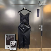 新款 EAM STUDIO2026春季 性感蕾丝拼接pu皮V领吊带连衣长裙配腰带