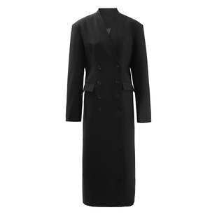 气质大衣春秋装 料风衣外套女双排扣中长款 STUDIO高级无领西装 EAM