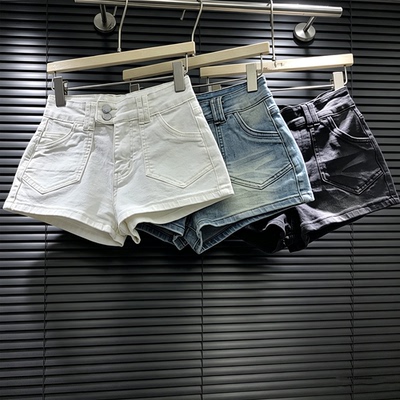 高腰双扣渐变水洗牛仔短裤热裤女