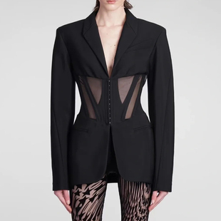 外套女款 高级气场束腰网纱拼接设计感露腰西装 STUDIO炸街时尚 EAM