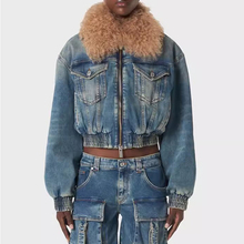 现货Blumarine 秋冬季复古翻领短款牛仔外套设计感可拆卸毛领夹克