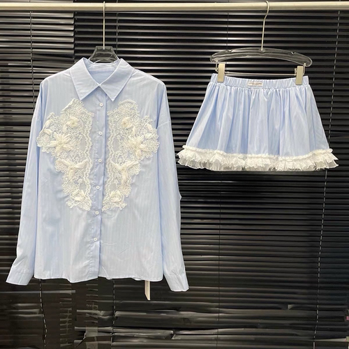 蕾丝刺绣条纹衬衫短裙两件套女