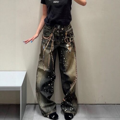 链条3D立体错视印花阔腿牛仔裤