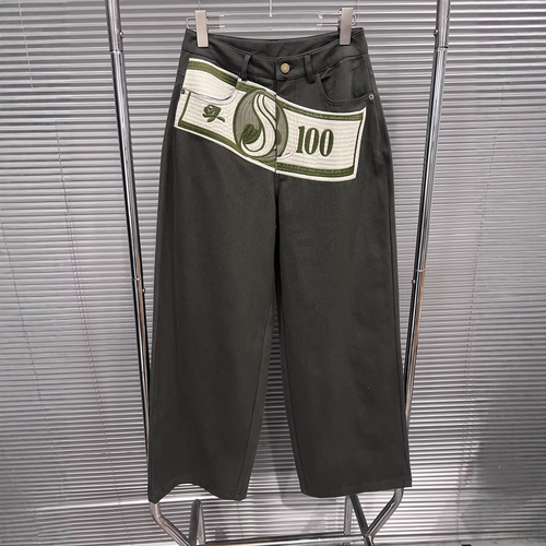 刺绣美元阔腿直筒宽松牛仔裤女