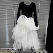 新款 EAM STUDIO2026春季 不规则白色网纱下摆拼接针织连衣裙女长裙