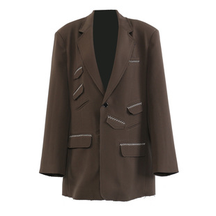 STUDIO时尚 直筒长裤 套装 饰多口袋毛边西装 两件套 女高级明线装 EAM