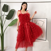 EAM STUDIO酒红色吊带网纱连衣裙女蓬蓬中长裙生日聚会拍照伴娘裙
