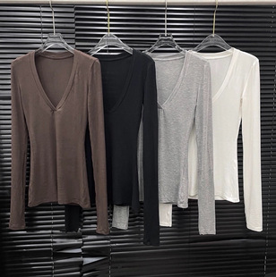 显瘦长袖 EAM 修身 V领打底T恤女百搭薄款 低领上衣 STUDIO2025秋新款