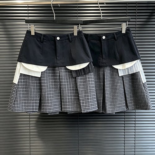 拼接格纹百褶短裙假两件半身裙夏