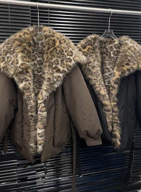复古大翻领豹纹毛绒棉服加厚保暖