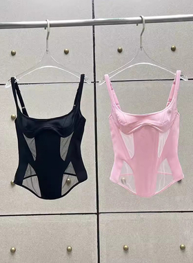 EAM STUDIO性感透视网纱拼接后拉链立体裹胸吊带背心夏季辣妹上衣