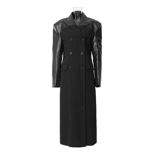 宽肩长款高级感PU拼皮风衣