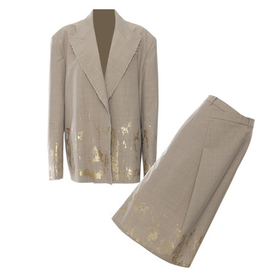 廓形宽松毛边烫金西装裙套装