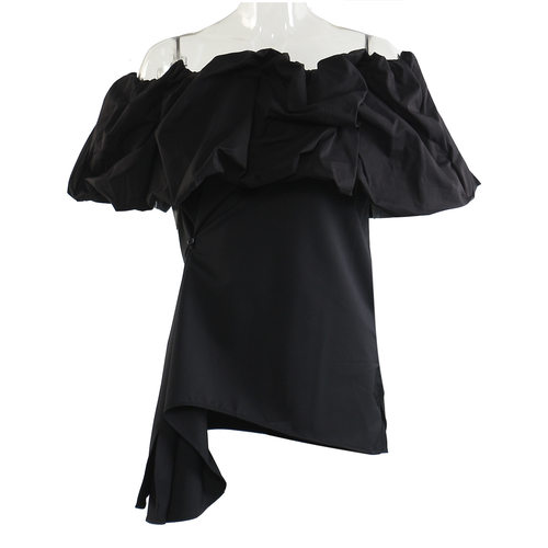 一字肩荷叶领开衩衣摆短袖衬衫