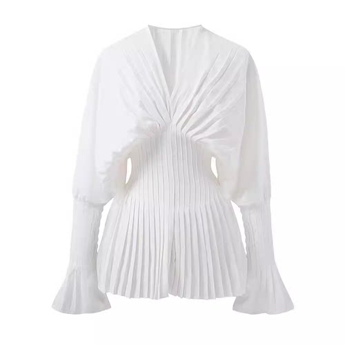 白色衬衫女V领喇叭袖束腰上衣