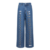 EAM 子春秋 鸡眼圆环拖地长裤 STUDIO复古水洗低腰直筒牛仔裤 女个性