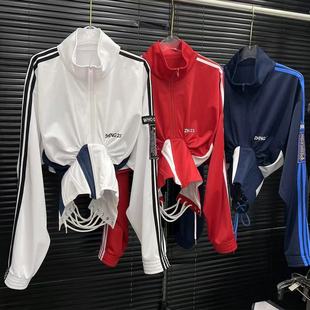 EAM STUDIO复古撞色拼接短外套女绑带设计鱼骨收腰显瘦立领上衣潮