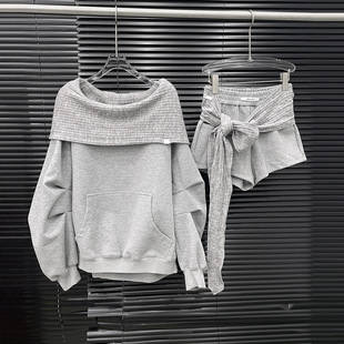 两件套 一字肩连帽卫衣外套不规则打结飘带短裤 EAM STUDIO小众套装