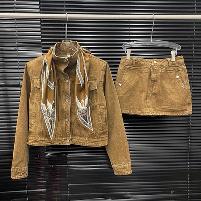 工装丝巾装饰牛仔短外套短裙套装