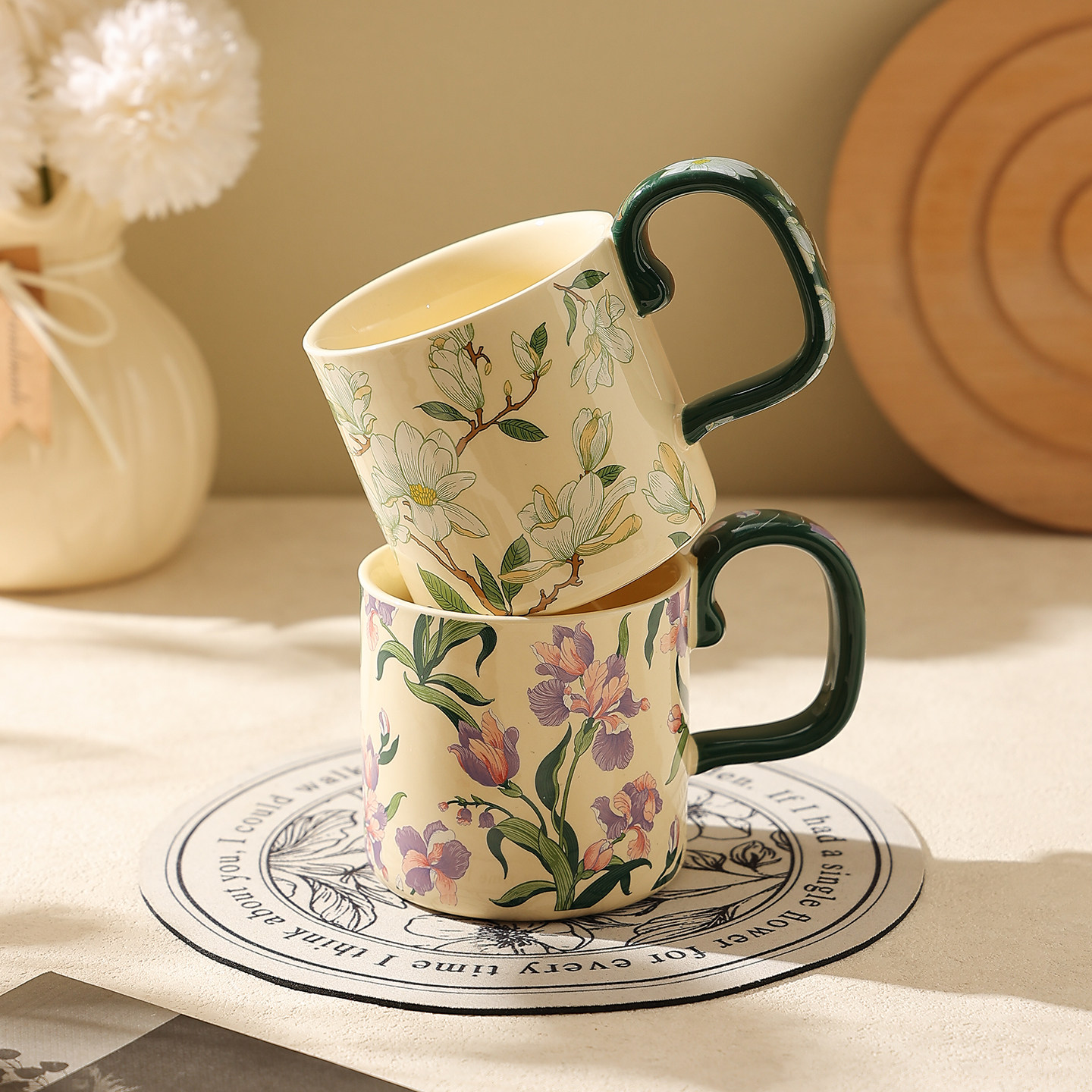 鸢尾花马克杯陶瓷咖啡杯情侣杯漂亮喝水杯子女生高颜值家用早餐杯