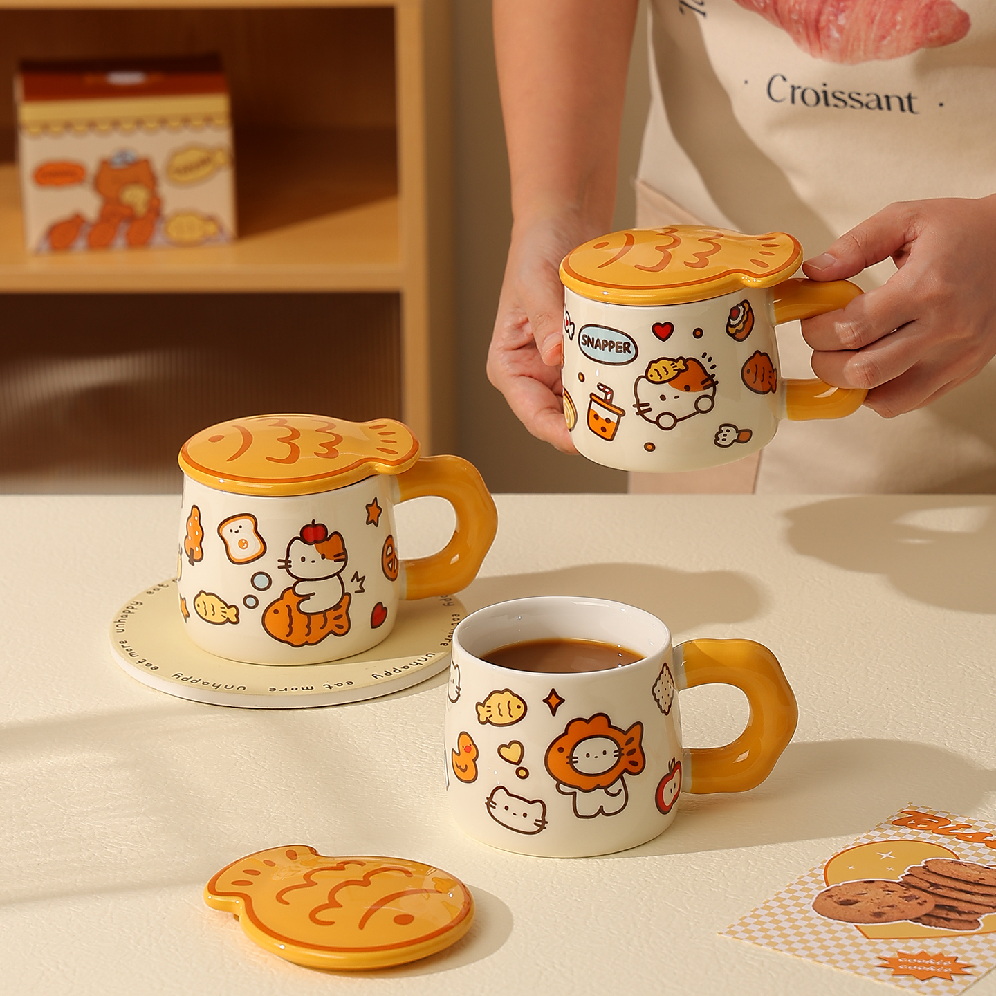 熊谷组陶瓷鲷鱼烧造型带盖马克杯