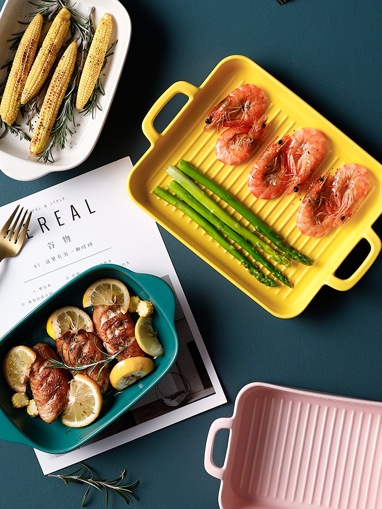 Creative ceramic baking tray Binaural cheese baking rice plate Oven Household microwave oven baking baking bowl rectangular plate