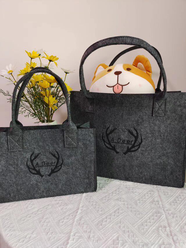 阿鹿的毛毡托特手提袋大容量新款黑灰色图案可定制logo手提袋