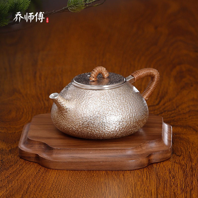 乔师傅纯银泡茶壶小银壶手工石瓢