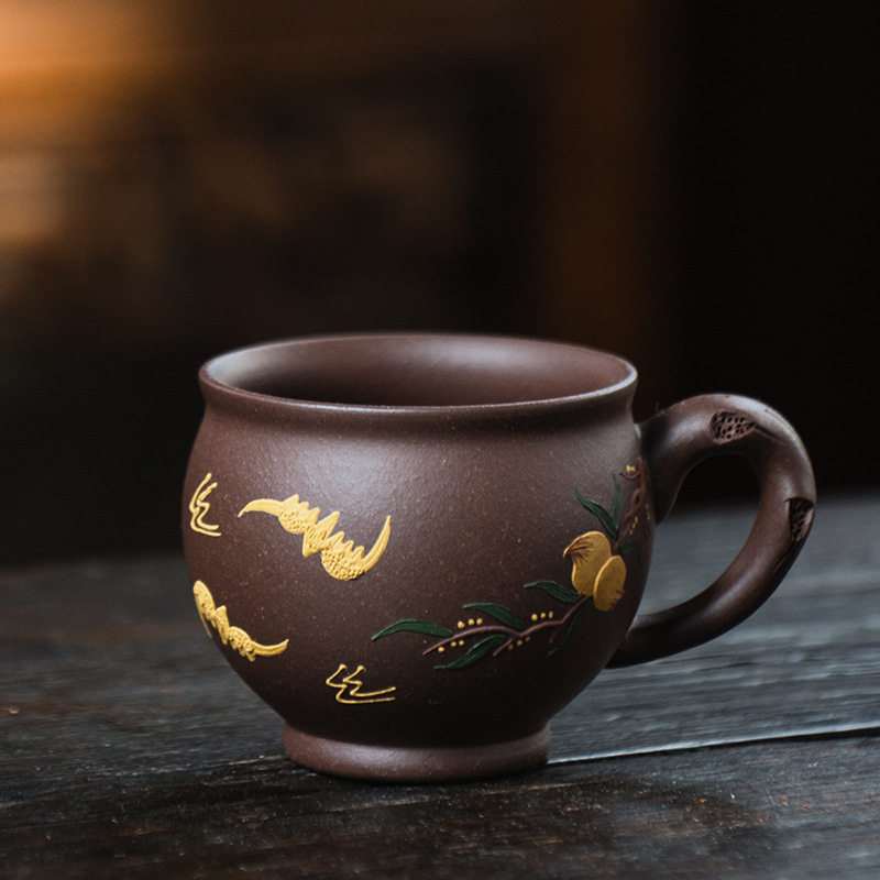 茶宠宜兴紫砂杯品茗杯单个主人杯泥绘小茶杯带把功夫茶具家用茶碗
