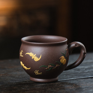 茶宠宜兴紫砂杯品茗杯单个主人杯泥绘小茶杯带把功夫茶具家用茶碗